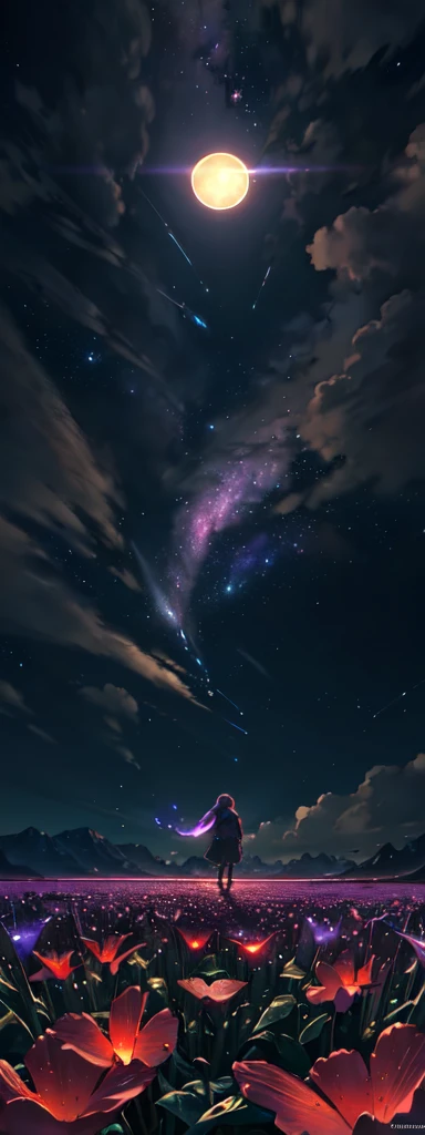 expansive landscape photograph , (a view from below that shows sky above and open field below), a girl standing on flower field looking up, (full moon:1.2), ( shooting stars:0.9), (nebula:1.3), distant mountain, tree BREAK
production art, (warm light source:1.2), (Firefly:1.2), lamp, lot of purple and orange, intricate details, volumetric lighting, realism BREAK
(masterpiece:1.2), (best quality), 4k, ultra-detailed, (dynamic composition:1.4), highly detailed, colorful details,( iridescent colors:1.2), (glowing lighting, atmospheric lighting), dreamy, magical, (solo:1.2)