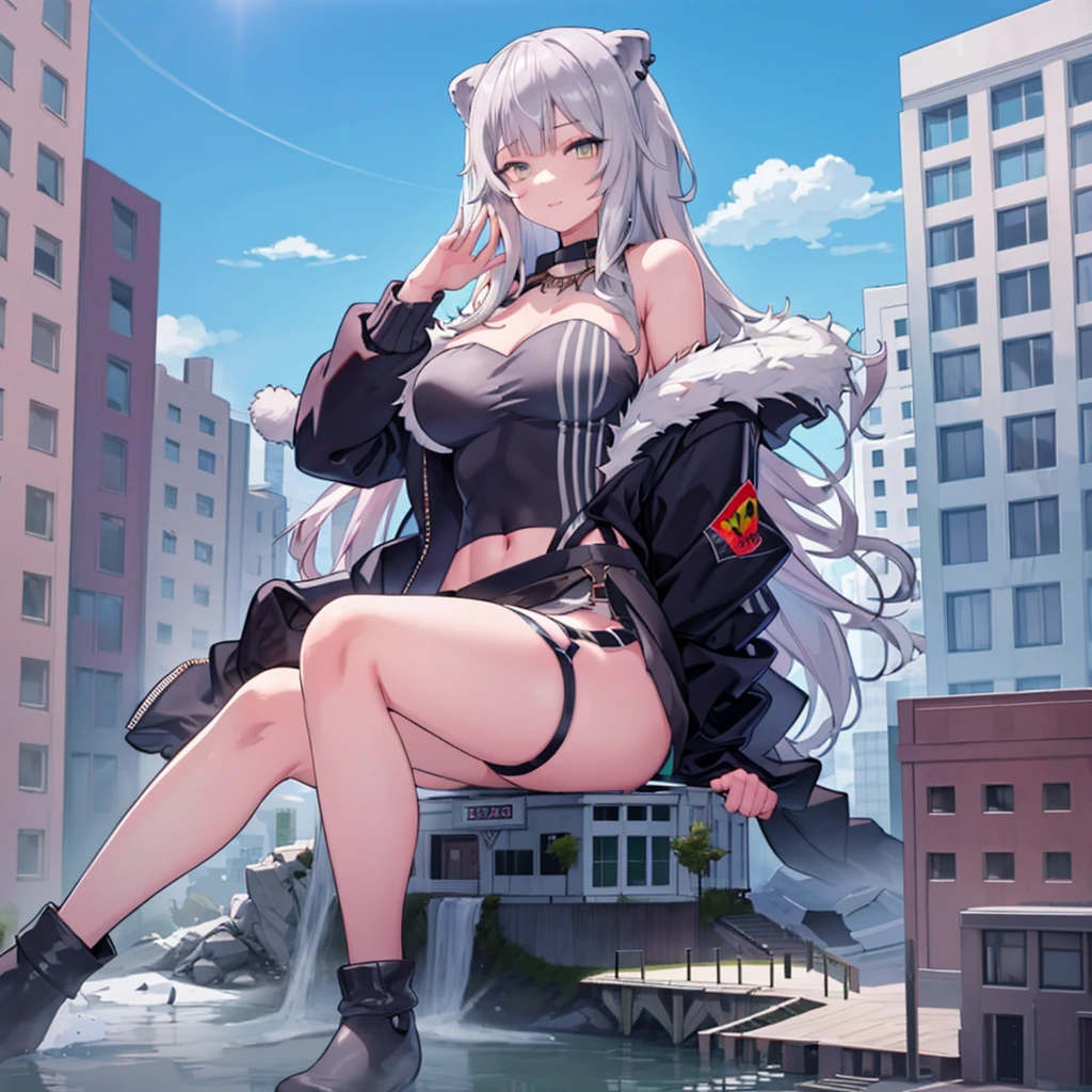 (giantess:1.5),1girl,sitting on building, ////////////// ,building,crowd, goth girl, jacket, yellow eyes, grey hair,Shishiro Boatn,outfit 1,lion girl,solo 1girl,GtsGiga, Rampage, giantess art