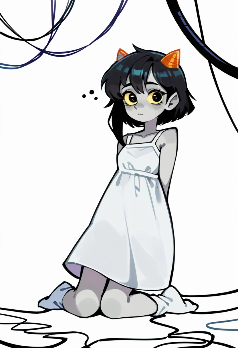 score_9, score_8_up, score_7_up, score_6_up, score_5_up, score_4_up, source_anime, lain, solo, 1girl, young adult, light gray skin, black hair, black eyes, yellow sclera, emotionless, looking at viewer, long bangs, hair between eyes, two tiny orange horns, pitch black pupils, long sidelocks, thin eyebrows, colorful, soft artstyle, flat chest, tired droopy soft eyes, gray skin, grey lamb ears, white simple nightgown, white socks, wires, cables, simple background, solid colour white background, rating_safe, ghostly, fading, uneven hair, white void background, asymmetrical hair, tangled in cables,