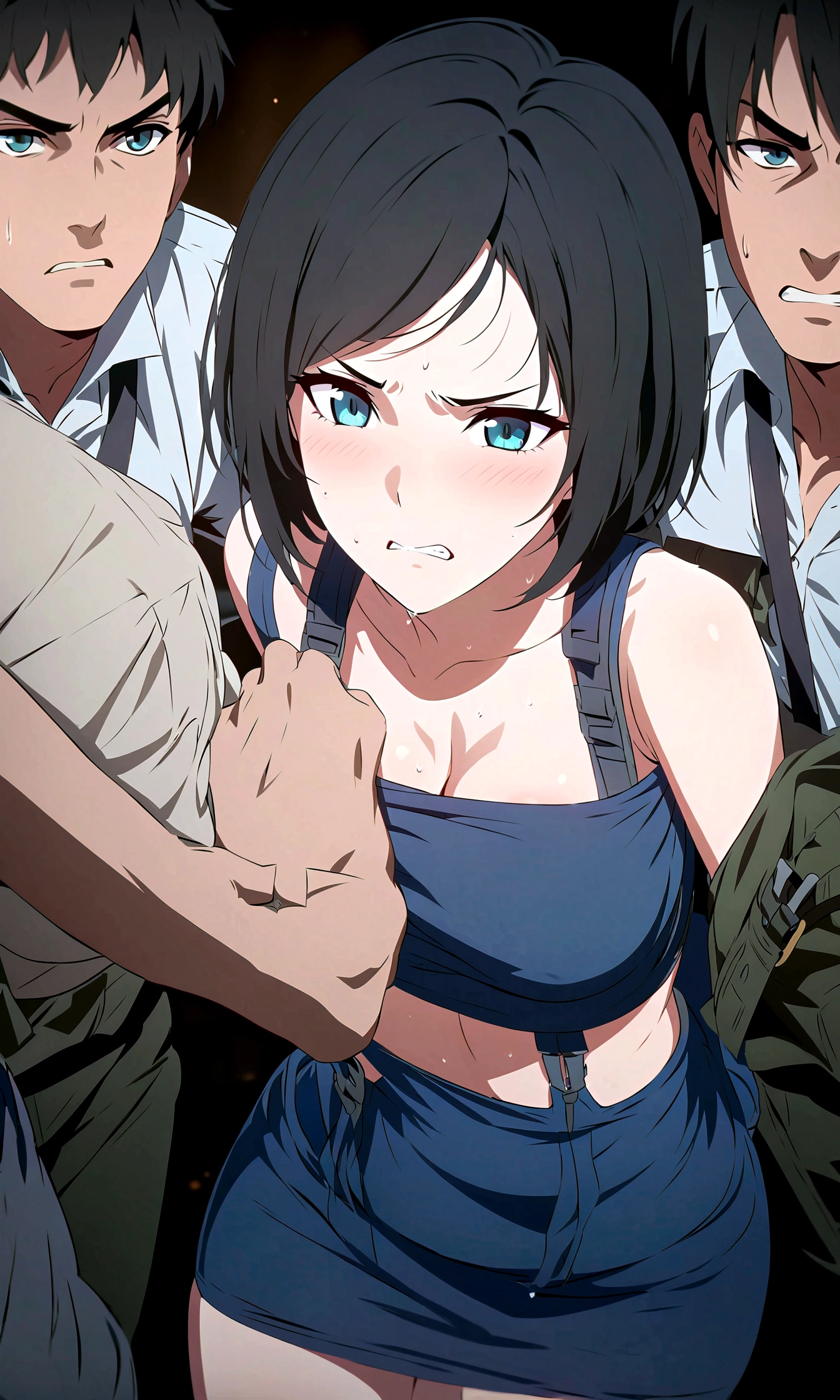 ,NSFW,best quality, ,scowl,((many boys touch the girl breast))(JillValentine) blue tube top,black mini skirt, suspenders, harf up black hair,