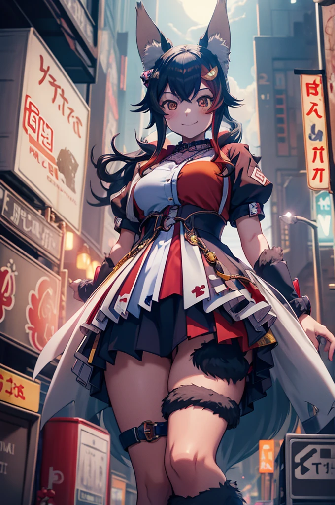 Giantess,wolf tail, Ookami Mio,large bosom,GtsGiga,Gtscity,cityscape,Rampage, Blood moon,nightmarish,nightime,best quailty, masterpeice,2nd outfit,cheerful smile,mature lady,giantess art,vtuber,looking down at viwer