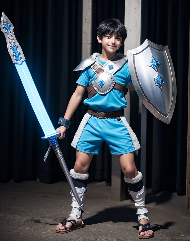 Young 13-year-old boy with black hair and brown eyes, innocent and happy, dressed in short neon-blue medieval barbarian clothes, fur shorts, light-blue battle armor, weilding silver sword and shield, sandals; fullbody; short hair, boyish athletic, sexy,