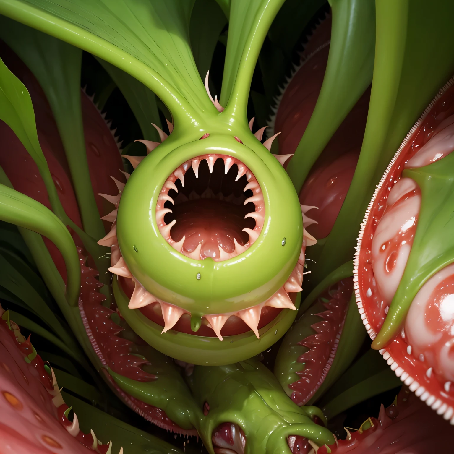 one giant bulbous venus flytrap carnivorous plant opening its mouth, from above, slimy, digestive acids, wet, piranha plant, round