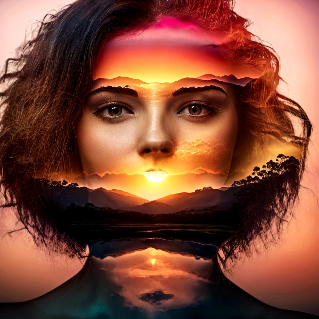 Double Exposure style of a beautiful young woman's face superimposed over a vibrant sunrise landscape, dramatic lighting, cinematic color palette, serene and ethereal atmosphere, 4k, ultra-detailed, photorealistic, award winning digital art