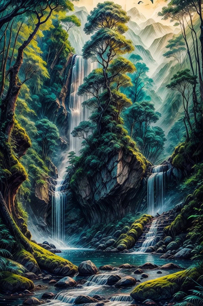 A landscape, forest, waterfall, amazon, tree, firefly, opscale 4x, high quality, fantastic, wild animals, pristine nature, brilliant, vegetation, rare
