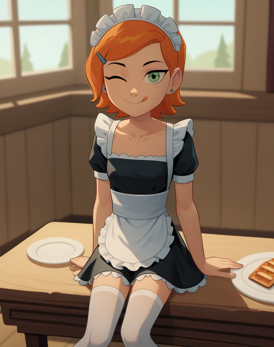 Gwendolyn_Tennyson, 1girl,solo,maid, side smile, collarbone ,maid headdress,looking at viewer,apron,indoors,depth of field, sitting on table, legs, stockings, big boobs
wink, one eye closed, playful smile, tongue out,, masterpiece, best quality, absurdres, highres, 4k, ray tracing, intricate details, highly detailed, (1girl:perfect face, cute, small breasts, long ginger hair, petite) Highqlb:perfect mouth, makeup screenshot, perfect jaw, good fortune hinge, Perfect proportions、Beautiful thighs、Beautiful legs、Beautiful fingers、((High-quality fabric、A bow tie))、After school in the classroom、(smile)、(((((Skirt Lift、White panties are visible)))))