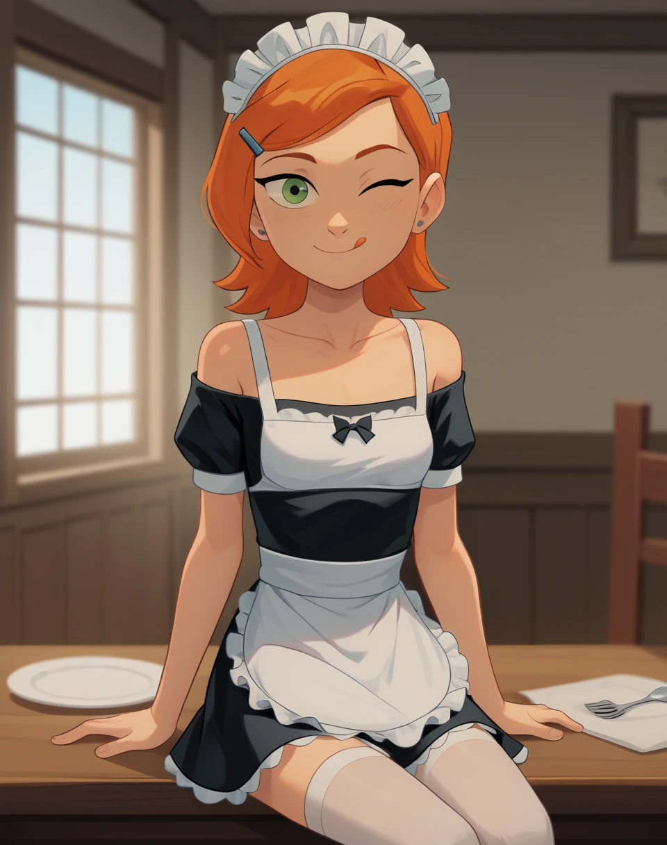 Gwendolyn_Tennyson, 1girl,solo,maid, side smile, collarbone ,maid headdress,looking at viewer,apron,indoors,depth of field, sitting on table, legs, stockings, big boobs
wink, one eye closed, playful smile, tongue out,, masterpiece, best quality, absurdres, highres, 4k, ray tracing, intricate details, highly detailed, (1girl:perfect face, cute, small breasts, long ginger hair, petite) Highqlb:perfect mouth, makeup screenshot, perfect jaw, good fortune hinge