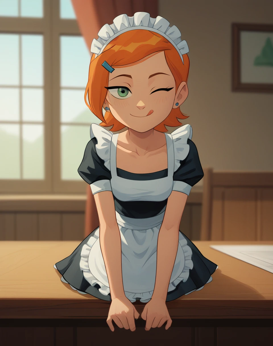 Gwendolyn_Tennyson, 1girl,solo,maid, side smile, collarbone ,maid headdress,looking at viewer,apron,indoors,depth of field, sitting on table, legs, stockings, big boobs
wink, one eye closed, playful smile, tongue out,, masterpiece, best quality, absurdres, highres, 4k, ray tracing, intricate details, highly detailed, (1girl:perfect face, cute, small breasts, long ginger hair, petite) Highqlb:perfect mouth, makeup screenshot, perfect jaw, good fortune hinge