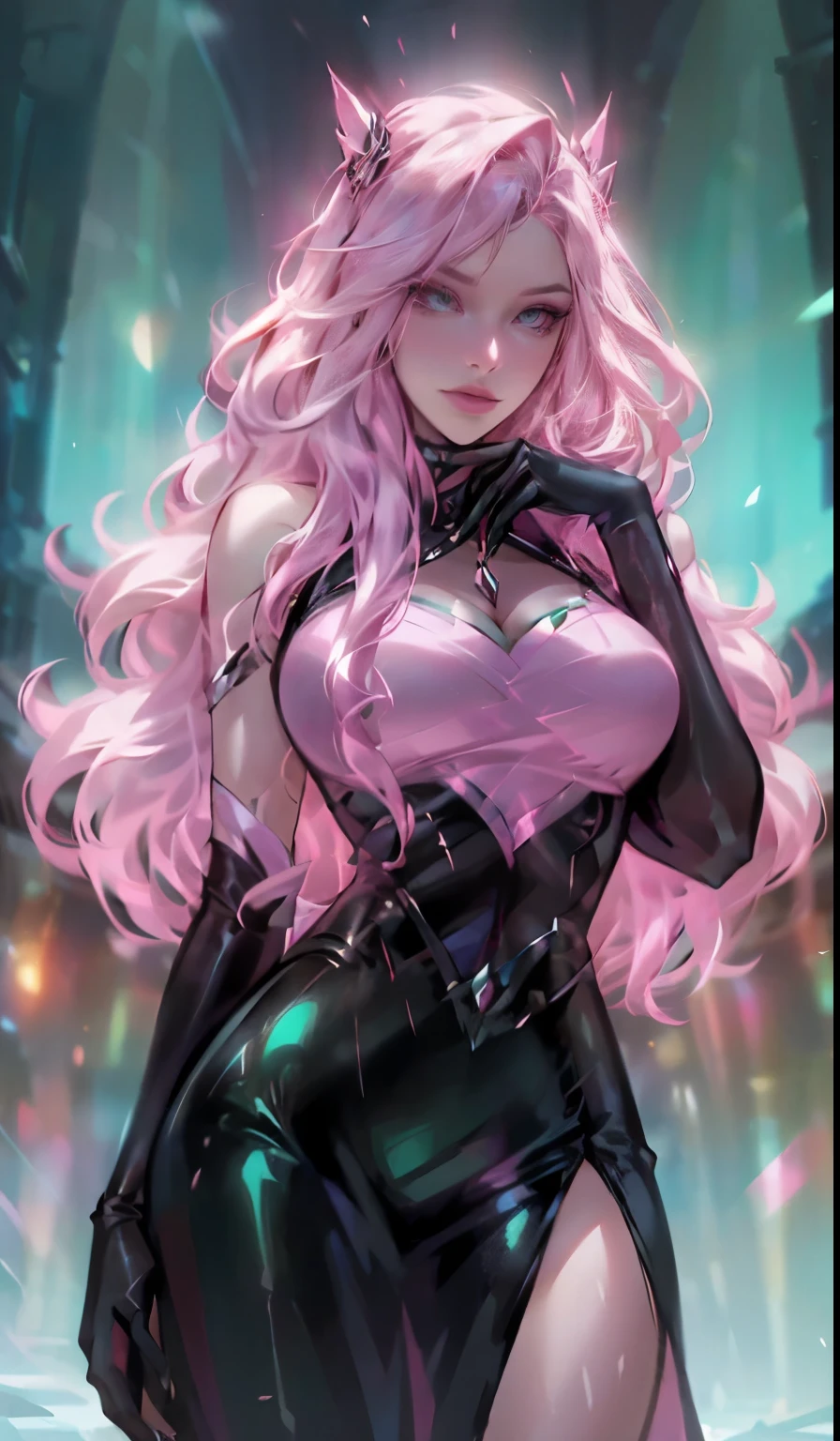 (pink hair: 1.1, green eyes: 1.1, sexy pose: 1.1, singer: 1.1, hair with pink highlights: 1.1, shiny, black leather outfit, powerful, queen). She exudes confidence and charisma with a microphone in hand, ready to captivate audiences with her mesmerizing voice. Her eyes glow an enchanting shade of green, drawing you into her world. Her vibrant pink hair, styled perfectly, cascades down her back, reflecting the sunlight and adding a touch of ethereal beauty. The bright lights illuminate her, highlighting every curve of her face, reflecting off her glossy lips. She wears a striking black leather outfit that accentuates and highlights her powerful presence, exuding a sense of strength and dominance. As the queen of her craft, she commands attention with her mesmerizing performance and leaves a lasting impression on all who witness her artistic talent.