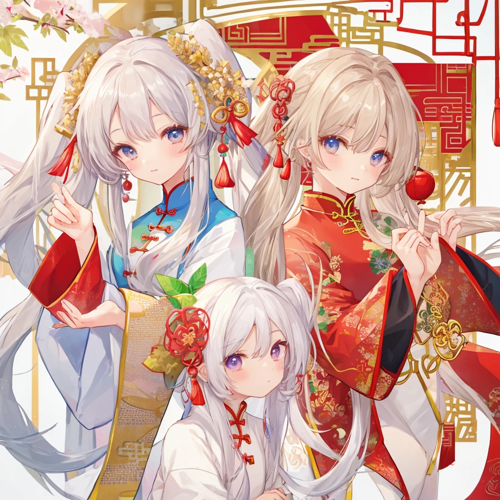 Two girls, red eyes and beige hair, blue eyes and white hair, twintails, long hair, white background, Chinese clothes, high quality