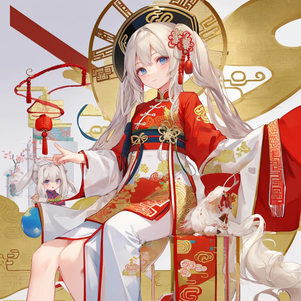 Two girls, red eyes and beige hair, blue eyes and white hair, twintails, long hair, white background, Chinese clothes, high quality