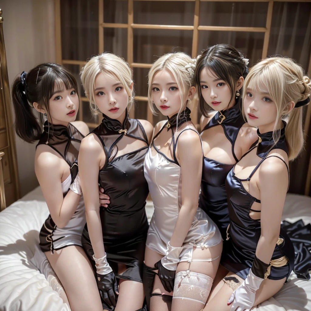 masterpiece, top-quality, top-quality, Beautifully Aesthetic:1.2, ((3 girls)), kiss++, kissing++, sucking++, licking lips, nsfw, 
((Middle girl is Wearing satin high neck Chinese dress, sleeveless, long gloves, miniskirt:1,4), high detailed, 
((Left girl is Wearing satin high neck Chinese  dress, sleeveless, long gloves, miniskirt:1,4), high detailed, 
((Right girl is Wearing satin high neck Chinese dress, sleeveless, long gloves, miniskirt:1,4), high detailed, 
(Three girls are laying bed:1.3), large breasts, firm breast, nicely shaped breasts, slender figure, 
(((Bleached Hair))), ((mesh hair)), (short hair:1.2), 
((At the bedroom at late night:1.2)), (Looking at viewer)