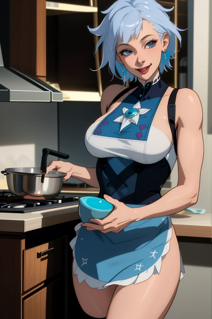 (extremely detailed CG unity 4k wallpaper),(masterpiece),(best quality),(ultra-detailed),(best illustration),(best shadow),(absurdres),(detailed background) Killer frost, smiling, kitchen, cooking, apron,