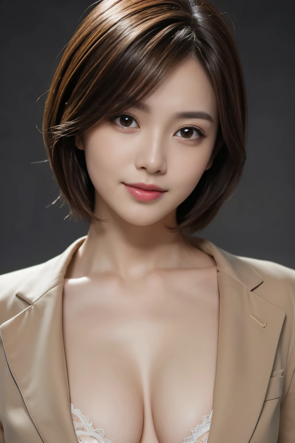 The best quality at its best, Realistically, Super detailed, More about pubic hair, High resolution, Plain background，8k wallpaper, One beautiful woman,,Light brown short hair, Wear a dark suit, Lock Focus, Perfect dynamic composition, Beautiful Eyes, Delicate hair, 细致Realistically的皮肤纹理, smile, Close-up portrait, Model Body Type