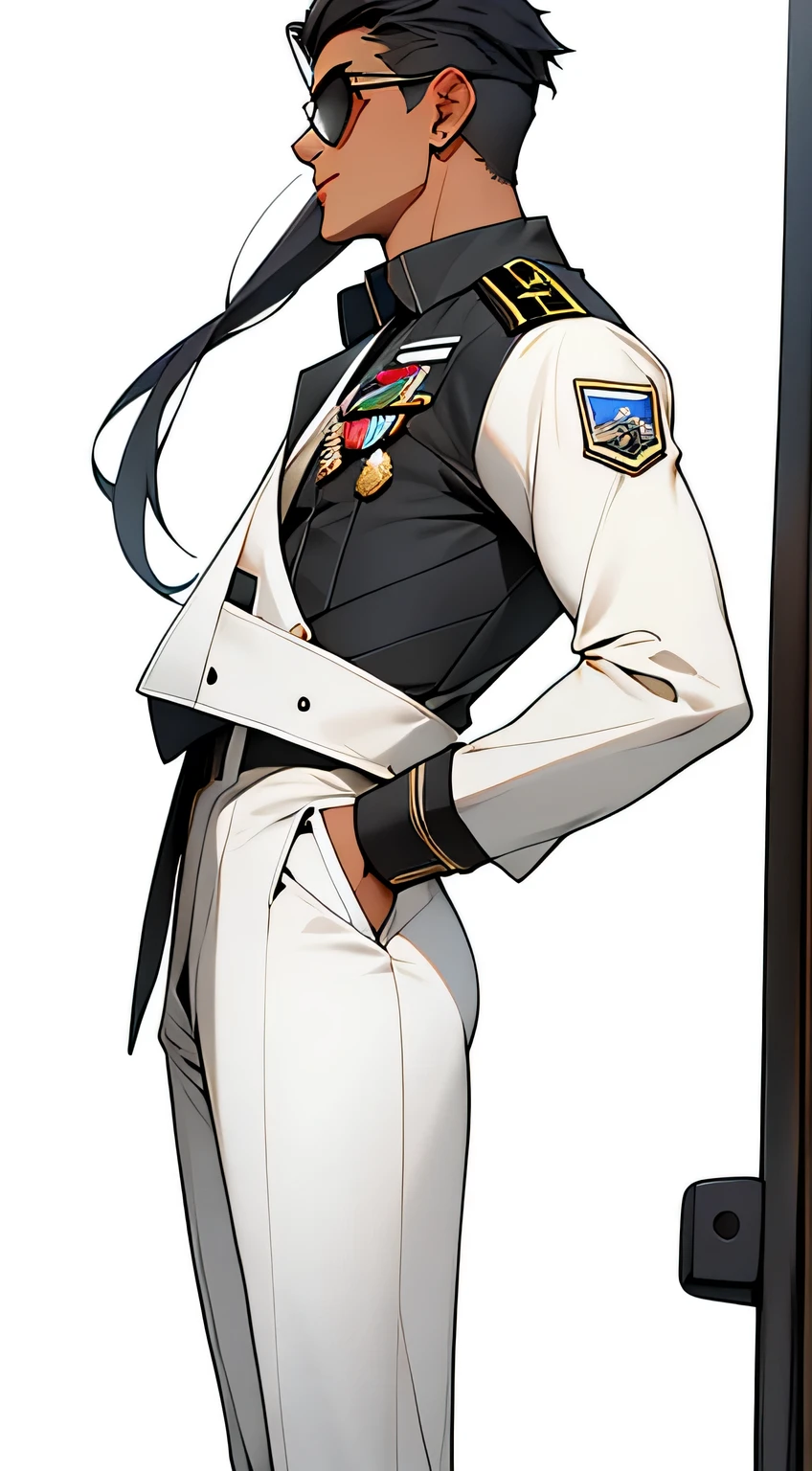 ((chedevr, Need,Aesthetics of business negotiations)),only 1 bad, Close-up shot, (Determined eyes),(Army costume),(White pilot-captain jacket:1.3)(Detailed US Air Force pilot uniform.:1.5)(long black hair),(Formal attire),Mature men,(clear facial features,Detailed Skin Textures,Beautiful face),White background, yellow skin, standing on your feet,(chedevr,top quality,Best quality),(((flat colors))),strong,