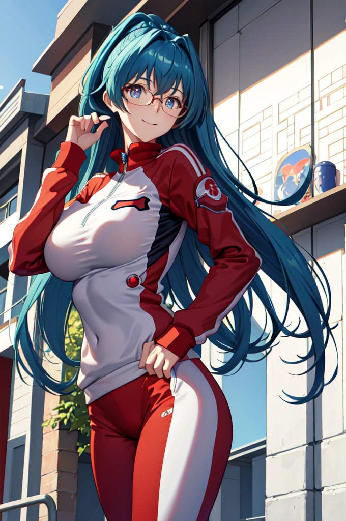 masterpiece, best quality, srwangelica, hair intakes, hair ornament, blue eyes, glasses, huge breasts, track suit, red track suit, red pants, from side, looking at viewer, city street, from below, smile