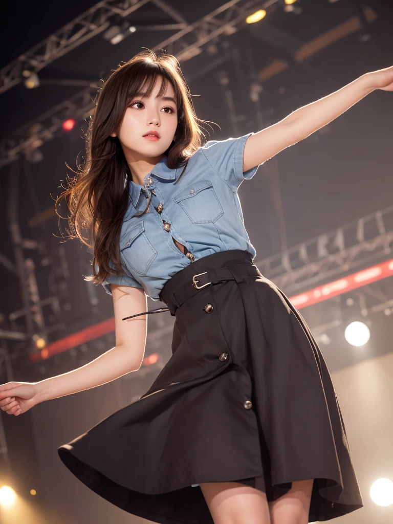 (High-quality Masterpiece, 4K 8K Resolution) A stunning young girl graces the hall stage, clad in a pale blue shirt that hugs her figure perfectly, its fine texture visible under the brilliant lights. Over her shirt, she wears a waist-length jacket, its edges adorned with delicate blue fringes that dance with each movement. A multi-layered frill skirt cascades around her, the white lace-up boots peeking out from beneath. The overall atmosphere is one of captivating visual treat, a testament to artistry and technology merging in harmony. The stage, bathed in a soft, warm light