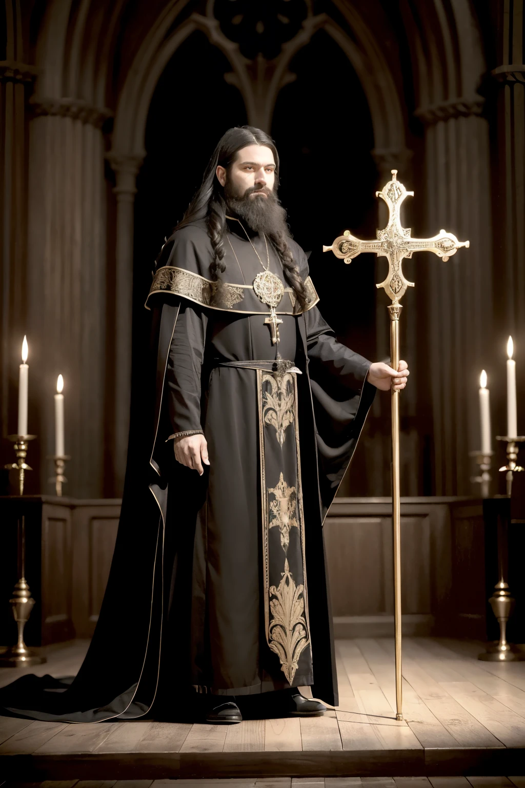 ((melhor qualidade)), ((Obra de arte)), (detalhado), (realista), a ventrue vampire lord, male, long hair, full beard, full body, from head to toe, in the dark ages, looking 36 years old, no glasses, holding a golden long staff with a cross and ornaments at the tip, with black priest's vestments. Behind the priest a gothic, medieval church from the dark ages.