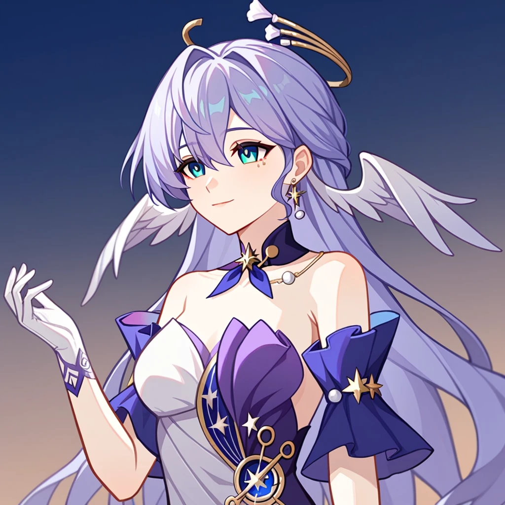 1girl, robin_\(honkai:_Star_rail\), just_shoulders, head_wings, white_dress, white_gloves, detached_sleeves, short_sleeves, aqua_eyes, long_hair, Halation, purple_dress, hair_between_eyes, earrings, purple_hair sunday/sunday_(honkai__Star_rail)