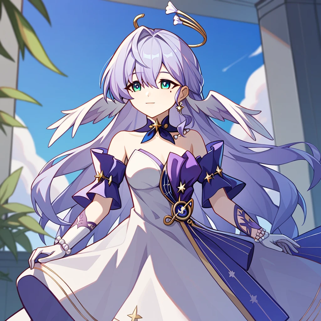1girl, robin_\(honkai:_Star_rail\), just_shoulders, head_wings, white_dress, white_gloves, detached_sleeves, short_sleeves, aqua_eyes, long_hair, Halation, purple_dress, hair_between_eyes, earrings, purple_hair sunday/sunday_(honkai__Star_rail)