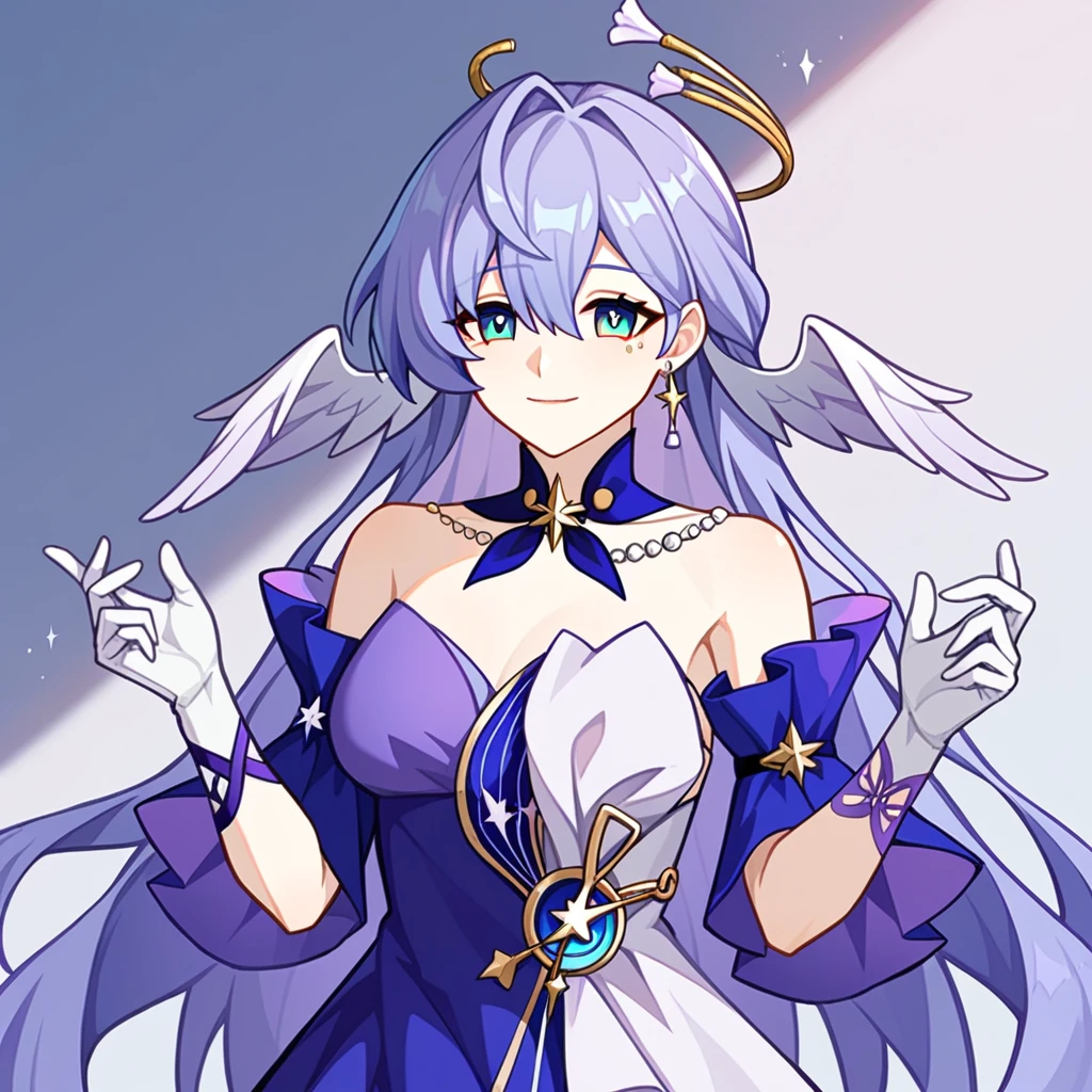 1girl, robin_\(honkai:_Star_rail\), just_shoulders, head_wings, white_dress, white_gloves, detached_sleeves, short_sleeves, aqua_eyes, long_hair, Halation, purple_dress, hair_between_eyes, earrings, purple_hair sunday/sunday_（honkai__Star_rail）