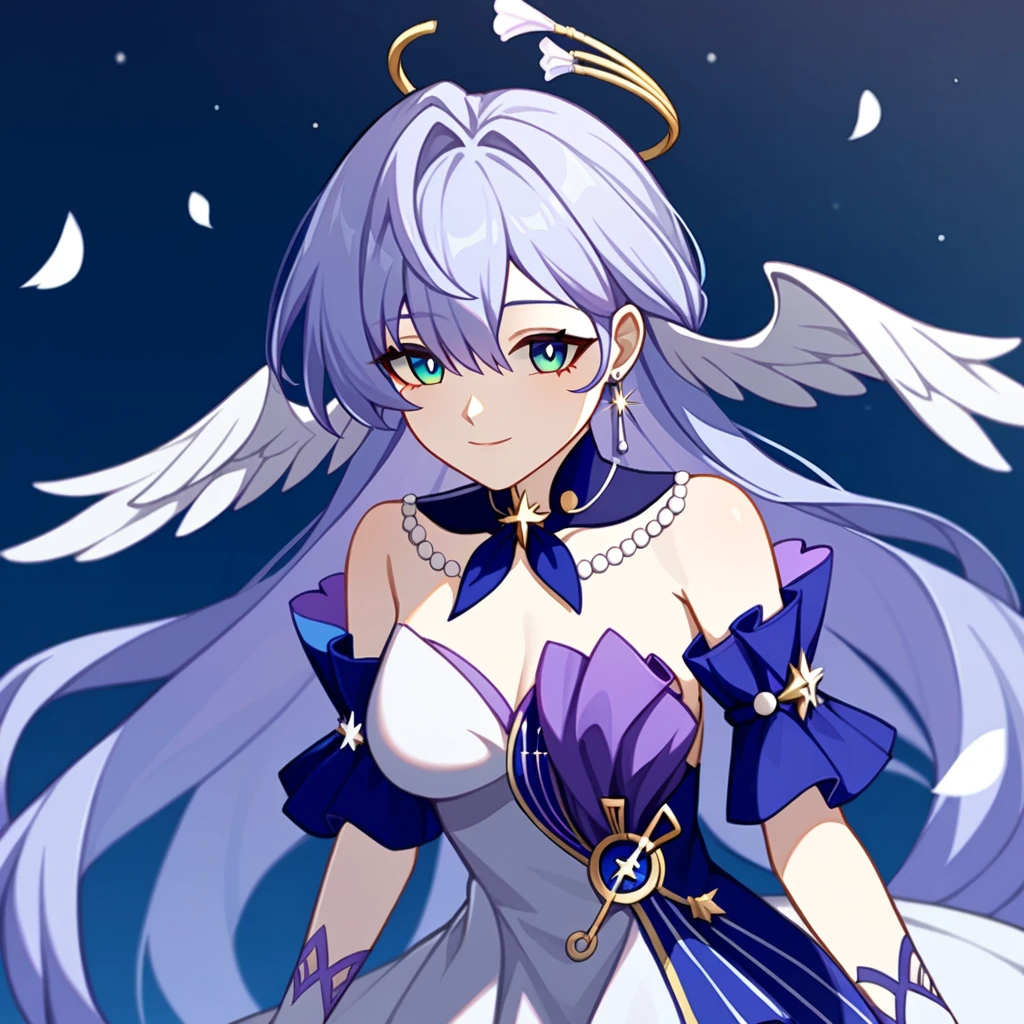 1girl, robin_\(honkai:_Star_rail\), just_shoulders, head_wings, white_dress, white_gloves, detached_sleeves, short_sleeves, aqua_eyes, long_hair, Halation, purple_dress, hair_between_eyes, earrings, purple_hair sunday/sunday_(honkai__Star_rail)