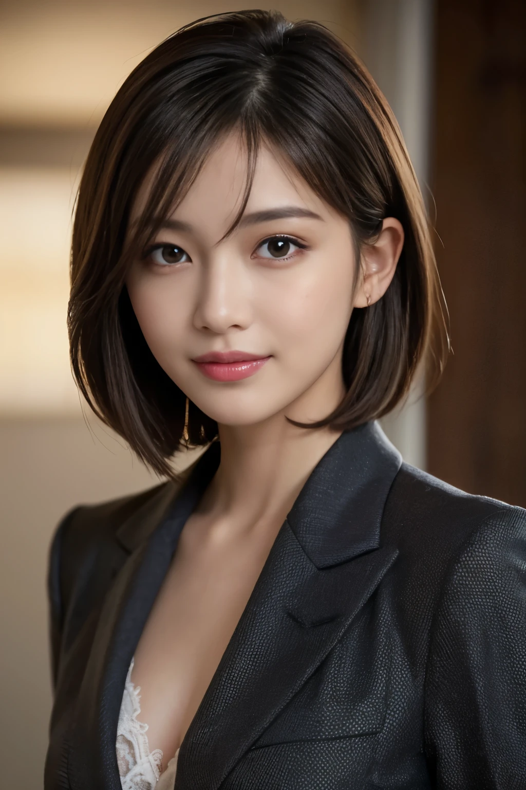 The best quality at its best, Realistically, Super detailed, More about pubic hair, High resolution, Plain background，8k wallpaper, One beautiful woman,,Light brown short hair, Wear a dark suit, Lock Focus, Perfect dynamic composition, Beautiful Eyes, Delicate hair, 细致Realistically的皮肤纹理, smile, Close-up portrait, Model Body Type