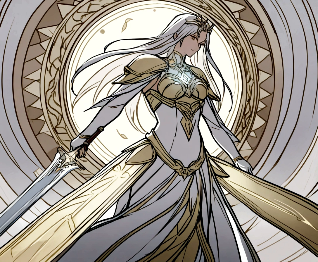 Imagine a woman with an imposing and celestial presence, radiating an aura of purity and power. Your eyes sparkle with a serene and infinite shine, reflecting the wisdom and compassion of ages immemorial. Your hair flows like a cascade of silver light, moving gently with every divine breeze.

She wears armor of ethereal light that appears carved from the stars., composed of shiny plates that perfectly fit your slender, muscular body. The armor shines in golden and silver tones, with intricate details reminiscent of ancient runes and sacred symbols. Your majestic wings, immense and resplendent, emerge from your back, with feathers that emanate a soft and comforting light.

in your right hand, she holds a sword of pure light, whose blade emits a radiant glow, as if forged from the very essence of heaven. The sword is long and elegant, with divine inscriptions engraved along the blade, and emanates an energy that seems to vibrate with the strength of a thousand suns. The angel woman wields the sword with grace and dexterity, as if it were a natural extension of your own being.

Your presence is both inspiring and overwhelming., evoking a sense of reverence and protection. She represents heavenly justice, ready to defend good and dispel darkness with her luminous sword, bringing hope and security to all who are fortunate enough to witness his divine glory.