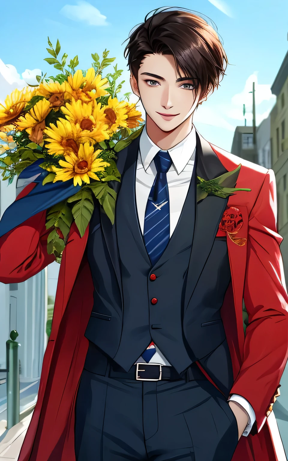 Young handsome man,In his twenties,heroic,sunny and cheerful,children's,The wind slightly moved my hair..,three-dimensional facial features,gentle face,He came upstairs to me.,The corners of the lips are slightly hooked,It shows, that he's in a good mood right now...,Ultra realistic realism, From the podium, grey eyes.