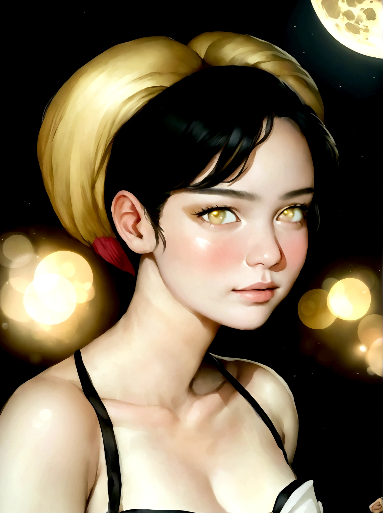 sailor moon, realistic, 1 girl, (magical girl:1.4), long yellow hair, (gold opal eyes), (crystals, shimmer bokeh), sailor scout uniform, wide hips, small waist, tan skin, collarbone, parted lips, makeup, blush, shiny skin, night, reflection, full moon, moonlight, rose