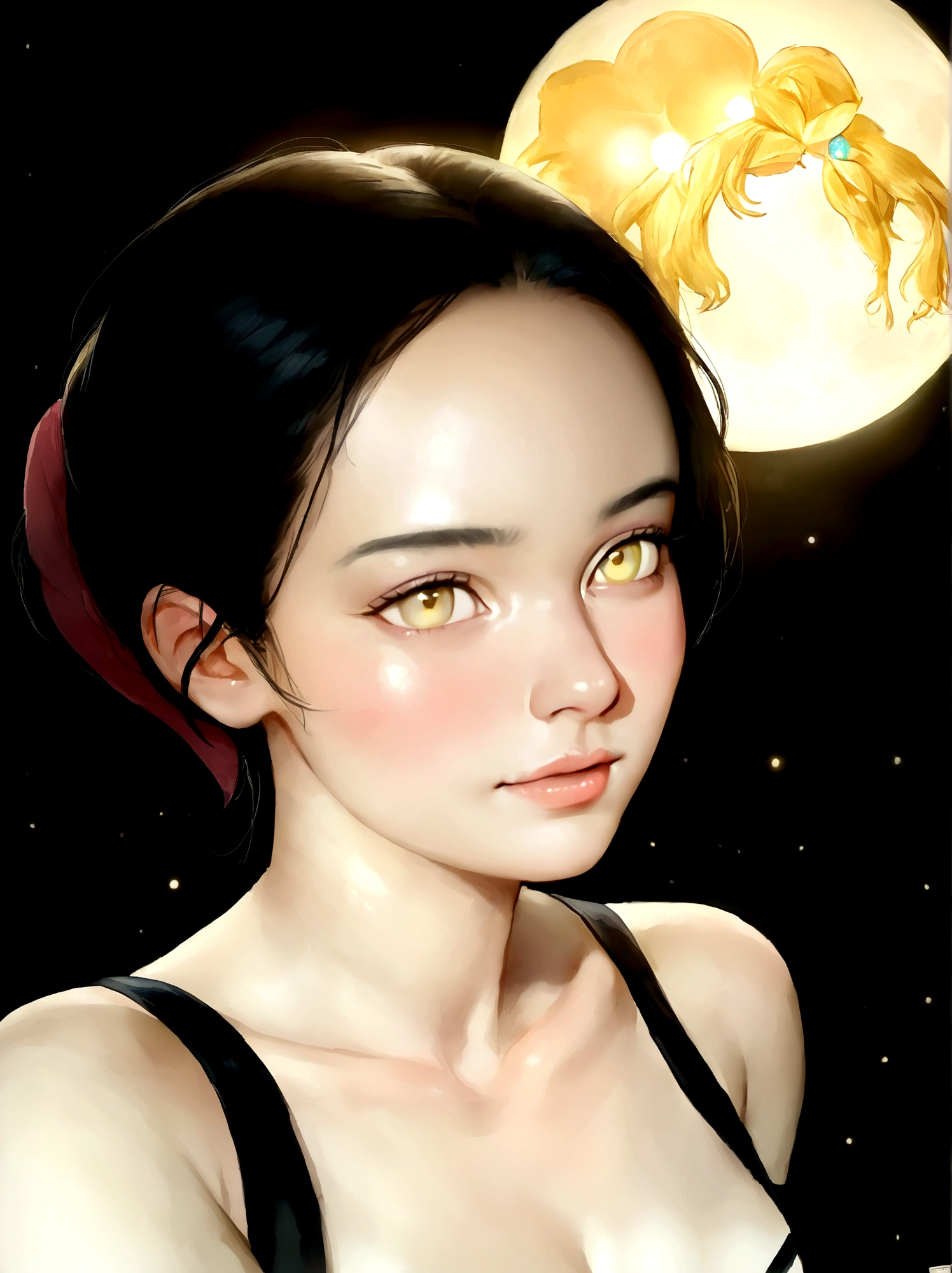 sailor moon, realistic, 1 girl, (magical girl:1.4), long yellow hair, (gold opal eyes), (crystals, shimmer bokeh), sailor scout uniform, wide hips, small waist, tan skin, collarbone, parted lips, makeup, blush, shiny skin, night, reflection, full moon, moonlight, rose