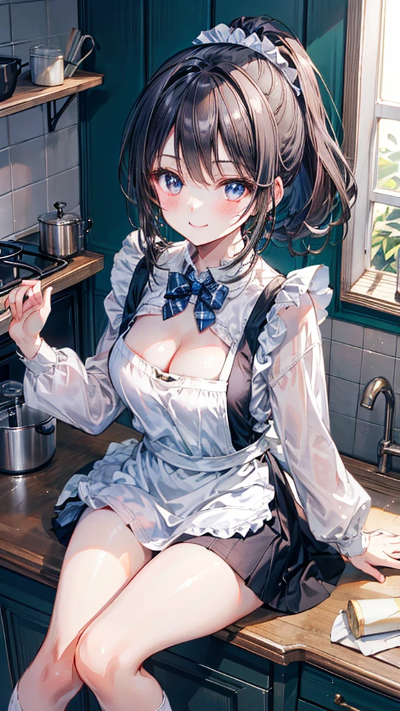 (Best quality, 8k, 32k, Masterpiece, UHD,:1.2),RAW, human, 1girl,ultra cute , ultra cute, natural lighting, transparent shining eyes, 20yo, medium breast ,femur, fair complexion , flushed face, ,Homemade Country Dress,long-sleeved dress in muted colors, Handmade apron for practicality and style, sturdy fabrics like cotton, Happily Smiling, kitchen, sitting on the stool, short ponytail, Cleavage Cutout, From above, Showing panties, White panties, Skirt lift, frill Details