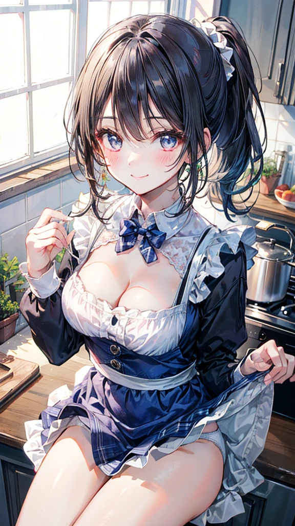 (Best quality, 8k, 32k, Masterpiece, UHD,:1.2),RAW, human, 1girl,ultra cute , ultra cute, natural lighting, transparent shining eyes, 20yo, medium breast ,femur, fair complexion , flushed face, ,Homemade Country Dress,long-sleeved dress in muted colors, Handmade apron for practicality and style, sturdy fabrics like cotton, Happily Smiling, kitchen, sitting on the stool, short ponytail, Cleavage Cutout, From above, Showing panties, White panties