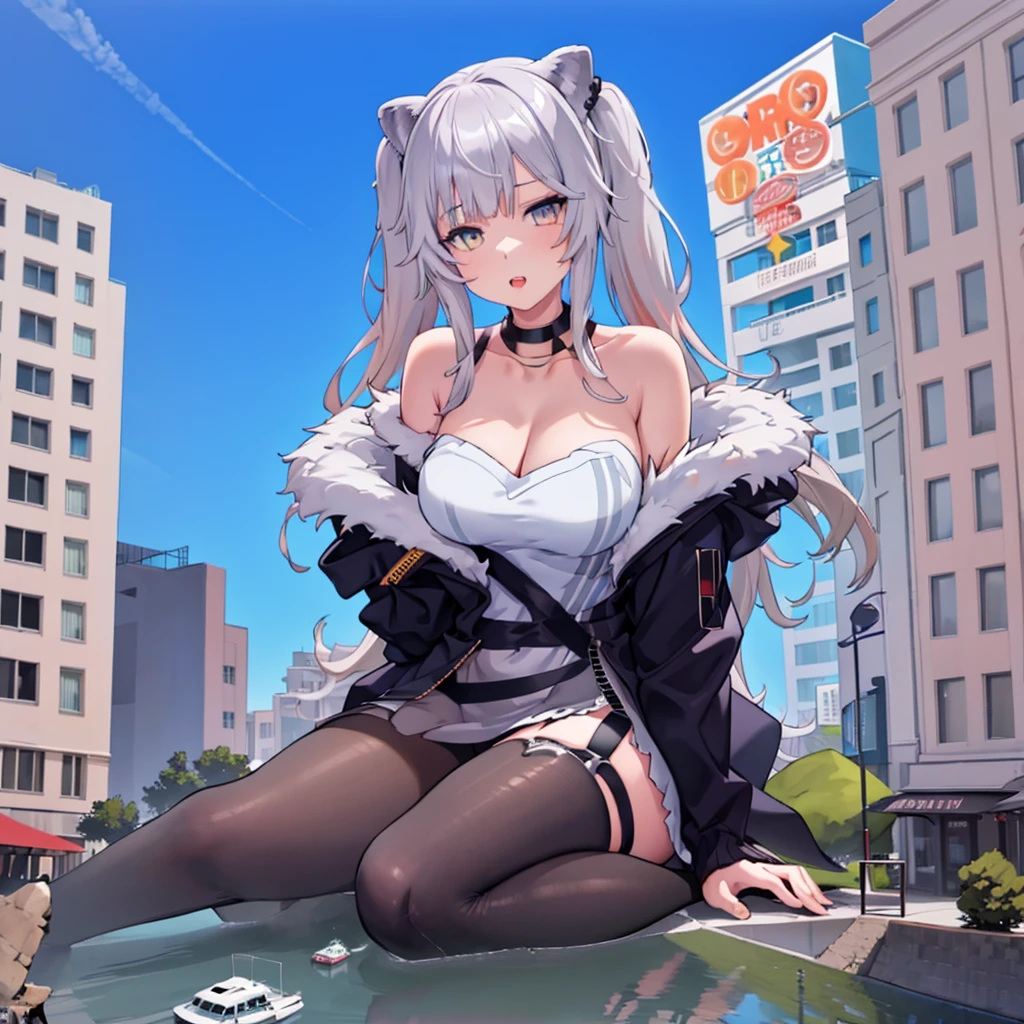 (giantess:1.5),1girl,sitting on building, ////////////// ,building,crowd, goth girl, jacket, yellow eyes, grey hair,Shishiro Boatn,outfit 1,lion girl,solo 1girl,GtsGiga, Rampage, giantess art