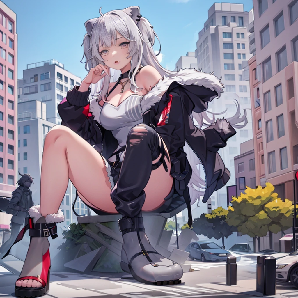 (giantess:1.5),1girl,sitting on building, ////////////// ,building,crowd, goth girl, jacket, yellow eyes, grey hair,Shishiro Boatn,outfit 1,lion girl,solo 1girl,GtsGiga, Rampage, giantess art