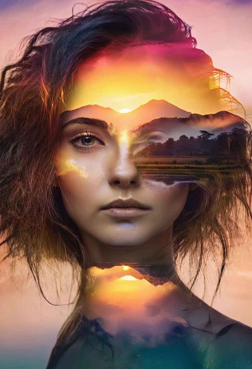 Double Exposure style of a beautiful young woman's face superimposed over a vibrant sunrise landscape, dramatic lighting, cinematic color palette, serene and ethereal atmosphere, 4k, ultra-detailed, photorealistic, award winning digital art