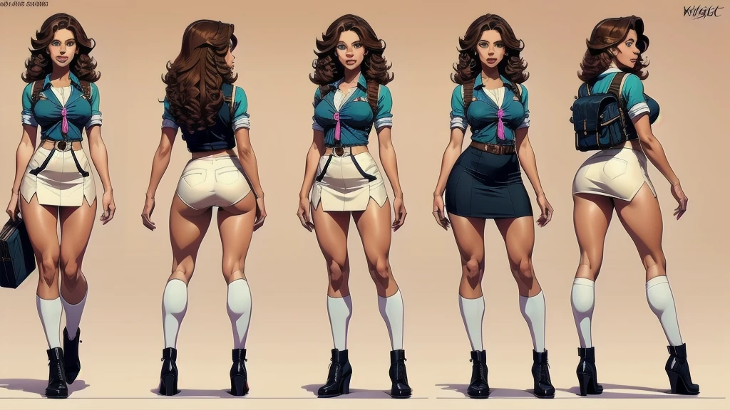 (character design sheet of female high school student) realistic, detailed, expressive eyes, natural-looking face and skin, beautiful lips, long, curly hair, medium build, fashionable clothing, confident and friendly expression, standing posture, light background, vibrant colors, professional concept art style, high resolution, studio lighting, fine details, , book bag and accessories, dynamic pose, youthful and energetic vibe.