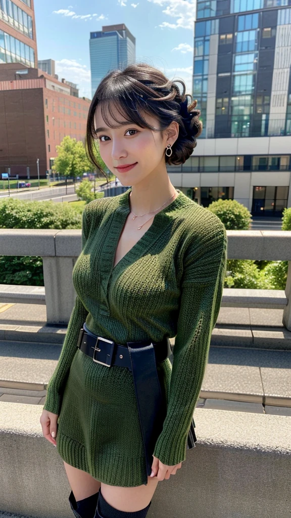 (masterpiece:1.3, Highest quality, Ultra-high resolution:1.2, Super detailed、8K), (Realistic, photoRealistic:1.4), Beautiful illustrations, Perfect lighting, colorful, Depth of written boundary, Beautiful detailed hair, Beautifully detailed face, Beautiful fine details, Droopy eyes、Beautiful clavicle, Beautiful body, 美しいLarge Breasts, Beautiful thighs, Beautiful feet, Beautiful fingers, View Viewer、Front view:0.6, Beauty1人, Japanese, Beauty、30 years old, Perfect Face, (Perfect Anatomy, Anatomically correct), Cute and symmetrical face, Baby Face, , Shiny skin, (with thin belt、Dark green long sleeve knit A-line dress:1.4) 、(short boots:1.3)、(Black Hair, Updo Hair:1.4), braided bangs、Dark brown eyes, Large Breasts, Slim body, necklace, Small earrings:1.1, (Beautiful views), (night), (city, cityscape in the distance), Riverside、 A soft smile、(Smile, Lips parted),