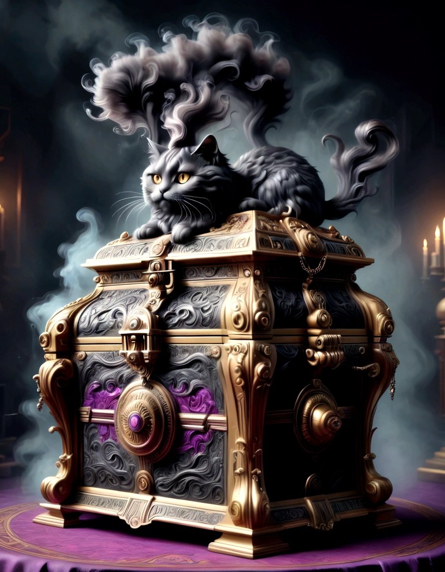 (An opened golden treasure chest emits thick smoke and gradually turns into a monster in the air.),Giant cat demon,The hair of the monster that turned into smoke is dark black,Often draped over the shoulders,Gives a feeling of elegance yet dignity。He is very particular about his clothes.,Often wears a black robe,It is embroidered with mysterious patterns