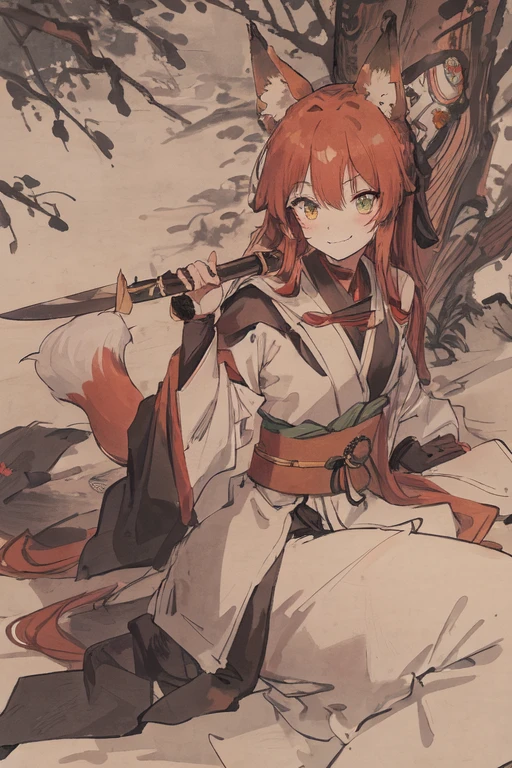work of art, best qualityer, Kizi, russet hair, long hair, greeneyes, (ninja), Longsword, medium breaths ,fabric, forest wallpaper, Magic circle background, fox ears, black leagwear, smile with canines