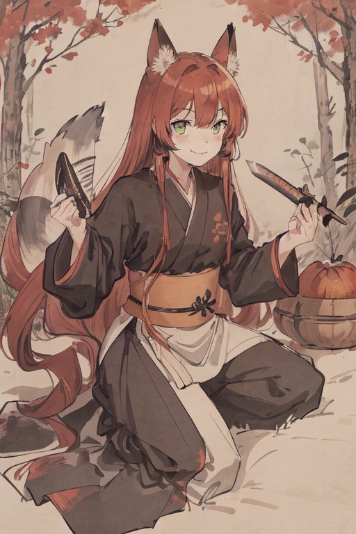 work of art, best qualityer, Kizi, russet hair, long hair, greeneyes, (ninja), Longsword, medium breaths ,fabric, forest wallpaper, Magic circle background, fox ears, black leagwear, smile with canines
