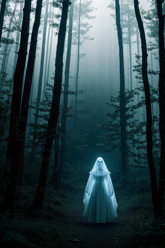 Image of a ghost looking like a woman in the middle of a forest in the middle of the dark night and with that and fog