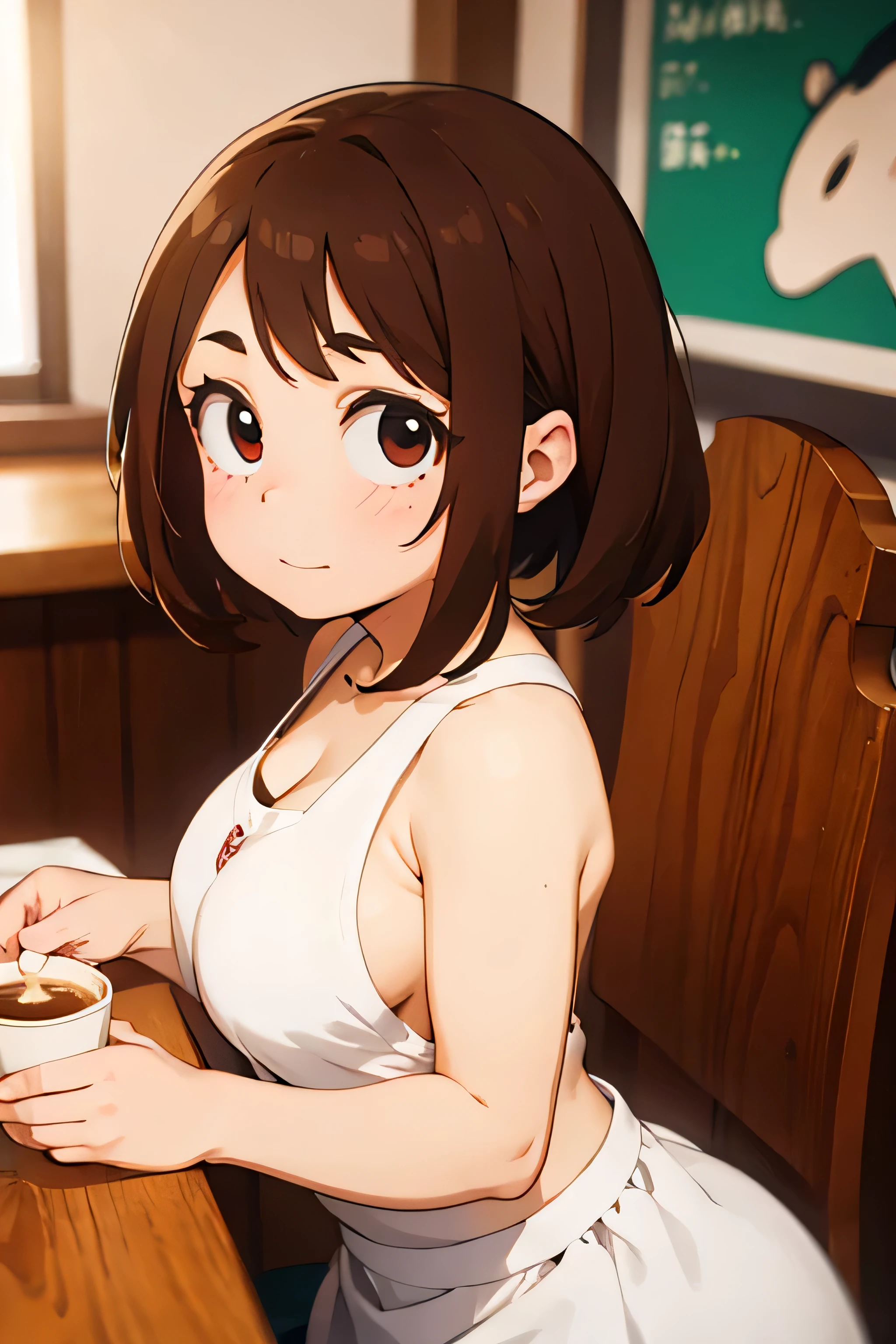 Ochako Uraraka, naked, huge breasts, she is showing her tits, linda, sexy, looking at the viewer, she has huge tits size, she is completely naked, she has naked tits, round ass, NSFW, pretty face, perfect hands, wearing a starbucks apron, blushing, short hair, she is serving in a coffee shop, showing pussy and tits,