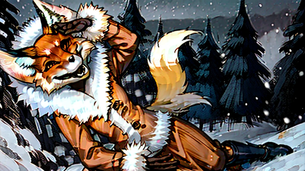 Alice, solo, 1girl, animal ears, Farbe: Red, orange, female focus, 1 fox tail, Red tail of the best quality, exteriors, Lying position of the girl, Alice lying in the snow, Girl lying in the snow, Happy face, hood, Detailed background, orange jacket, fur-trim, Furry, Fluffy, fur-trimmed sleeves, orange fur coat with fur trim, Fox ears of the best quality, a 1girl, solo, Focus Photo, Smile, blusher, looking a viewer, Evening sunset, winter, It's snowing, detailed yellow eyes, Detailed beautiful yellow eyes, detailized face, detailed hands and fingers, High-quality hands and fingers, Perfect anatomy of the body, Perfect posture, Perfect anatomy of the hand, Perfect finger anatomy, Heightened ity, big breastinny waist, Girl in a long skirt, knee-length skirt, Long winter boots, beste-Qualit,in detail,high-resolution illustration, Cute, canny smile, blusher, voluminous breasts, Vull, A thin, soft, Beautiful and detailed portrait, 8K, HDR, Excellent quality, higly detailed, Detailed fur, ((tail correct position)), handsome girl, In a snow-covered dark forest, among the trees, Winter forest landscape, Eyes of detail, Movie Lighting
