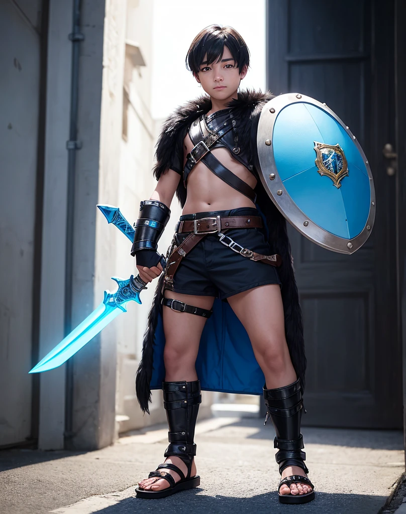 Young 13-year-old boy with black hair and brown eyes, innocent and happy, dressed in short neon-blue medieval barbarian clothes, fur shorts, light-blue battle armor, weilding silver sword and shield, sandals; fullbody; short hair, boyish athletic, sexy,