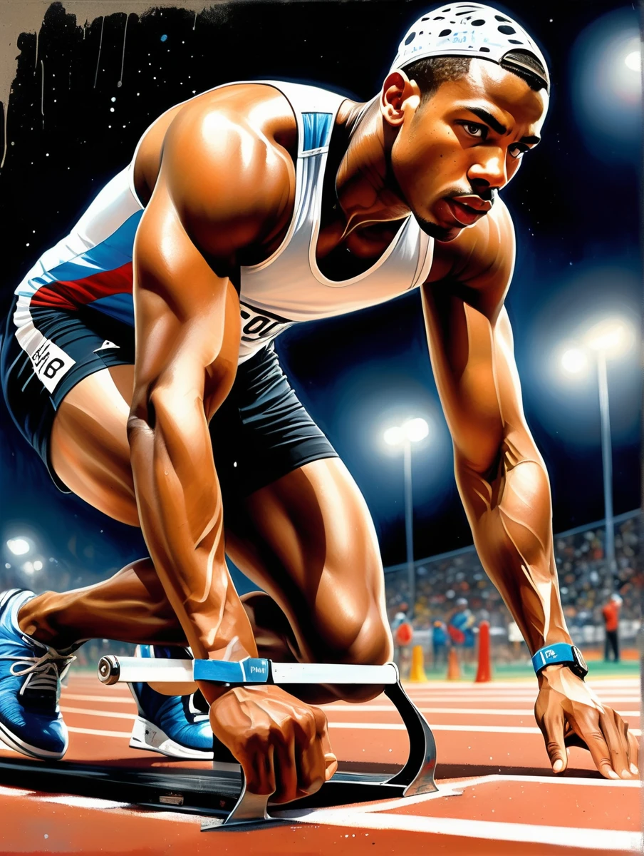 (tinta em jornal no estilo de Loui Jover:1.5), a rich combination of vibrant colors including reds, blues and whites. Splashes of paint, in the style of Jackson Pollock, adorn the composition, representing the intensity of a race. In the center of the scene, an athlete meticulously cut out of a magazine is positioned at the starting line. His muscles are tense, and the race track stretches straight and flat before him. The starting blocks firmly support his feet as he prepares for the explosive start under focused artificial light. The grainy black background (reminiscent of the VHS effect) surrounds the entire scene, giving depth and dynamism. The athlete's facial expression is focused and determined, with his eyes fixed on the track in front of him. His eyebrows are slightly furrowed, and his lips are pressed into a firm line, reflecting anticipation and readiness for the imminent start. Graffiti, doodling, best quality, Artwork, representative work, official art, professional, ultra intricate detailed, 8K