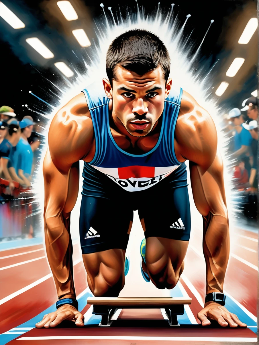 (tinta em jornal no estilo de Loui Jover:1.5), a rich combination of vibrant colors including reds, blues and whites. Splashes of paint, in the style of Jackson Pollock, adorn the composition, representing the intensity of a race. In the center of the scene, an athlete meticulously cut out of a magazine is positioned at the starting line. His muscles are tense, and the race track stretches straight and flat before him. The starting blocks firmly support his feet as he prepares for the explosive start under focused artificial light. The grainy black background (reminiscent of the VHS effect) surrounds the entire scene, giving depth and dynamism. The athlete's facial expression is focused and determined, with his eyes fixed on the track in front of him. His eyebrows are slightly furrowed, and his lips are pressed into a firm line, reflecting anticipation and readiness for the imminent start. Graffiti, doodling, best quality, Artwork, representative work, official art, professional, ultra intricate detailed, 8K