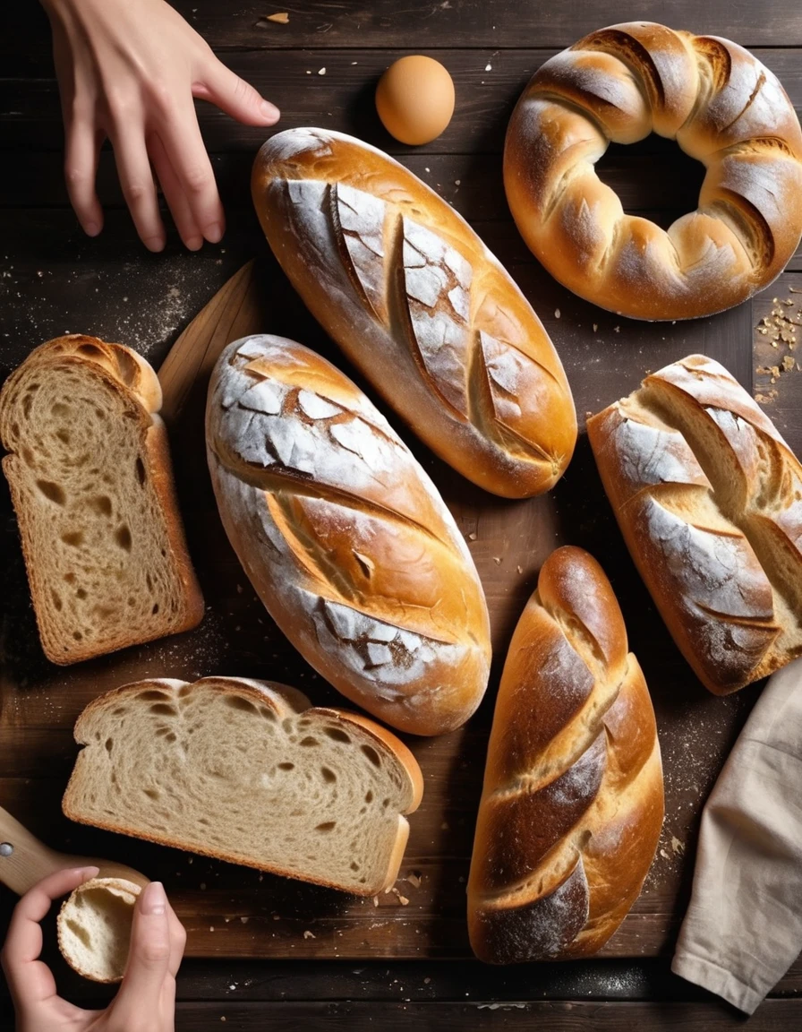 Show a rustic table with different types of golden and crusty breads (baguettes, loaves, mold bread). A hand takes a piece of bread and breaks it slowly, revealing the soft and fluffy crumb.