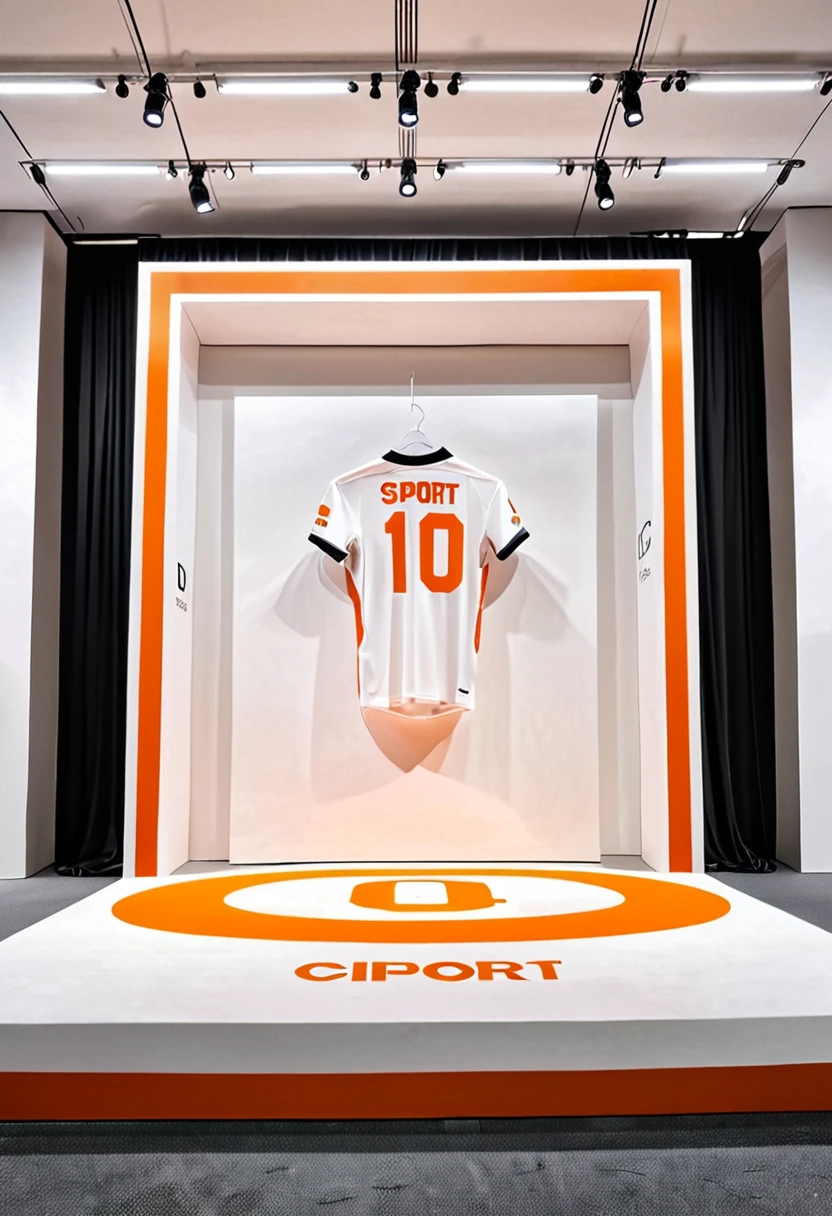 "Design an interior stage in white with a minimalist and visually striking motif for an event focused on displaying sports uniforms. At the bottom to the top with orange letters that say: "CID SPORT" Use a clean and simple aesthetic to convey the essence fundamental concept. Highlight the dynamism of the movement. Capture the essence in a visually appealing way to resonate with a wide audience." PHOTONIC STYLE