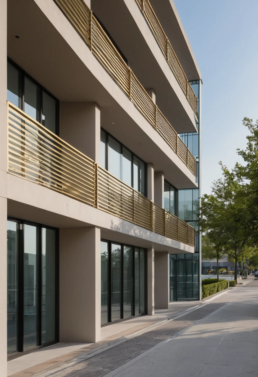 Raw photo,Masterpiece, high quality, best quality, authentic, super detail, modern style, aiaigroup,office building, decorative bars, decorative louvers, sun louvers, aluminum wall cladding, gold aluminum, glass railing,outdoors, tree, building, scenery, city, road, real world location, treet, window, balcony, glass railing, on the street, minimalist line, daylight, realistic